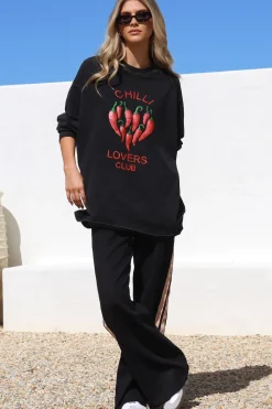 Chilli Lovers Set - Graphic Long Sleeve Top and Pants with Stripe Accent in Black><noscript><img width=