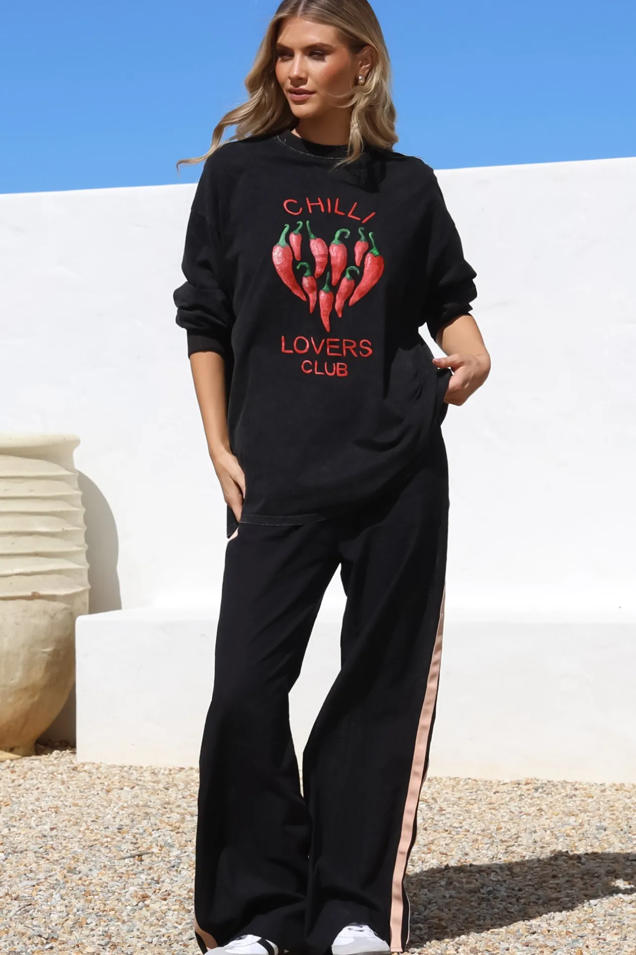 Chilli Lovers Set - Graphic Long Sleeve Top and Pants with Stripe Accent in Black>Salty Crush Best