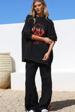 Chilli Lovers Set - Graphic Long Sleeve Top and Pants with Stripe Accent in Black><noscript><img width=