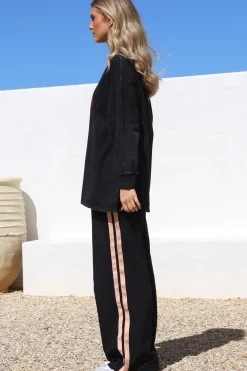 Chilli Lovers Set - Graphic Long Sleeve Top and Pants with Stripe Accent in Black><noscript><img width=