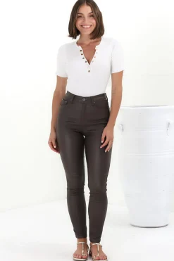 Chisel Jeans - Wet Look High Waisted Skinny Leg Pants in Chocolate>Salty Crush