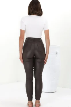 Chisel Jeans - Wet Look High Waisted Skinny Leg Pants in Chocolate><noscript><img width=