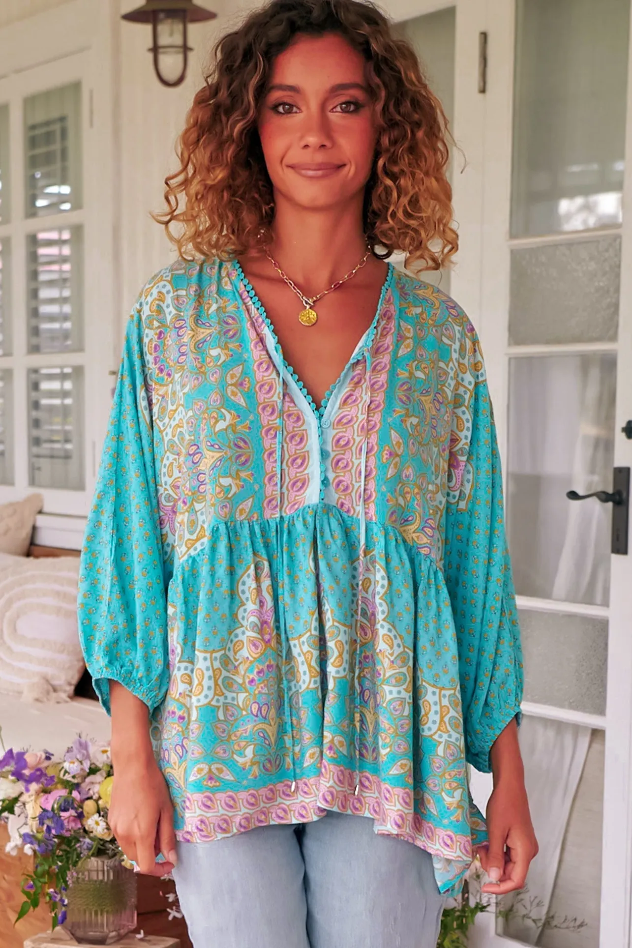 Chloe Top - Very Oversized Crochet Trim Neckline Smock Top in Atlantis Print>Jaase Hot