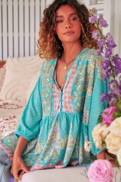 Chloe Top - Very Oversized Crochet Trim Neckline Smock Top in Atlantis Print><noscript><img width=
