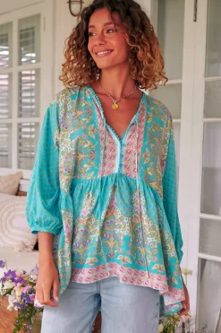 Chloe Top - Very Oversized Crochet Trim Neckline Smock Top in Atlantis Print><noscript><img width=