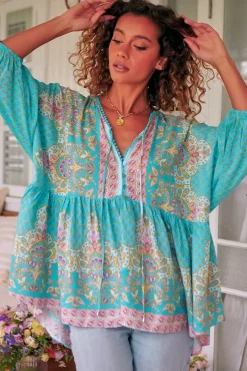 Chloe Top - Very Oversized Crochet Trim Neckline Smock Top in Atlantis Print><noscript><img width=