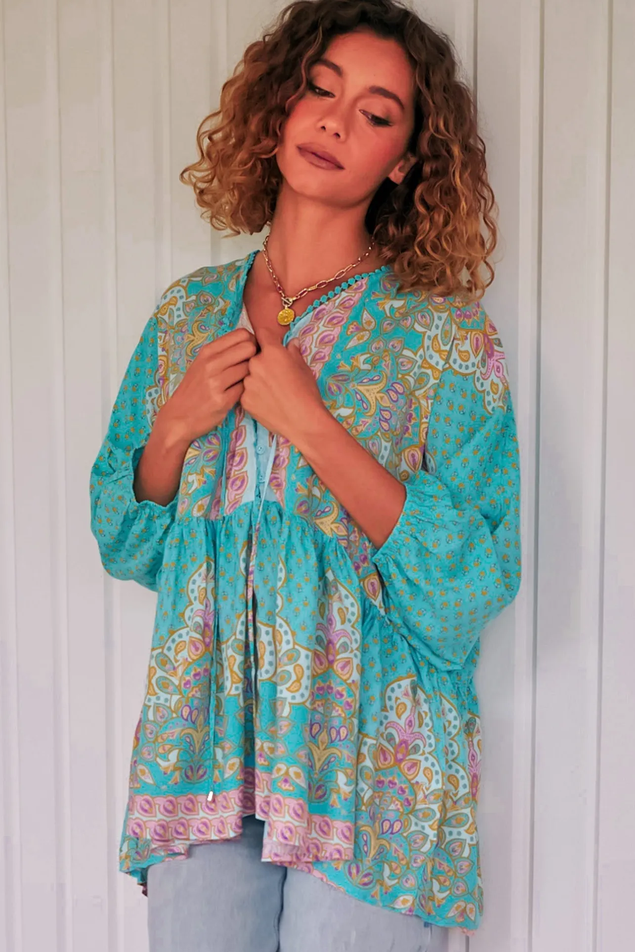 Chloe Top - Very Oversized Crochet Trim Neckline Smock Top in Atlantis Print>Jaase Hot