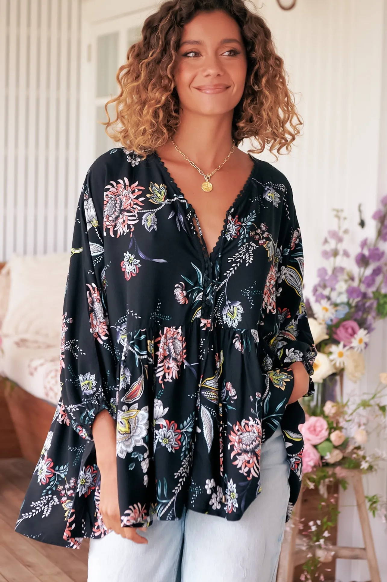 Chloe Top - Very Oversized Crochet Trim Neckline Smock Top in Under the Stars Print>Jaase Clearance