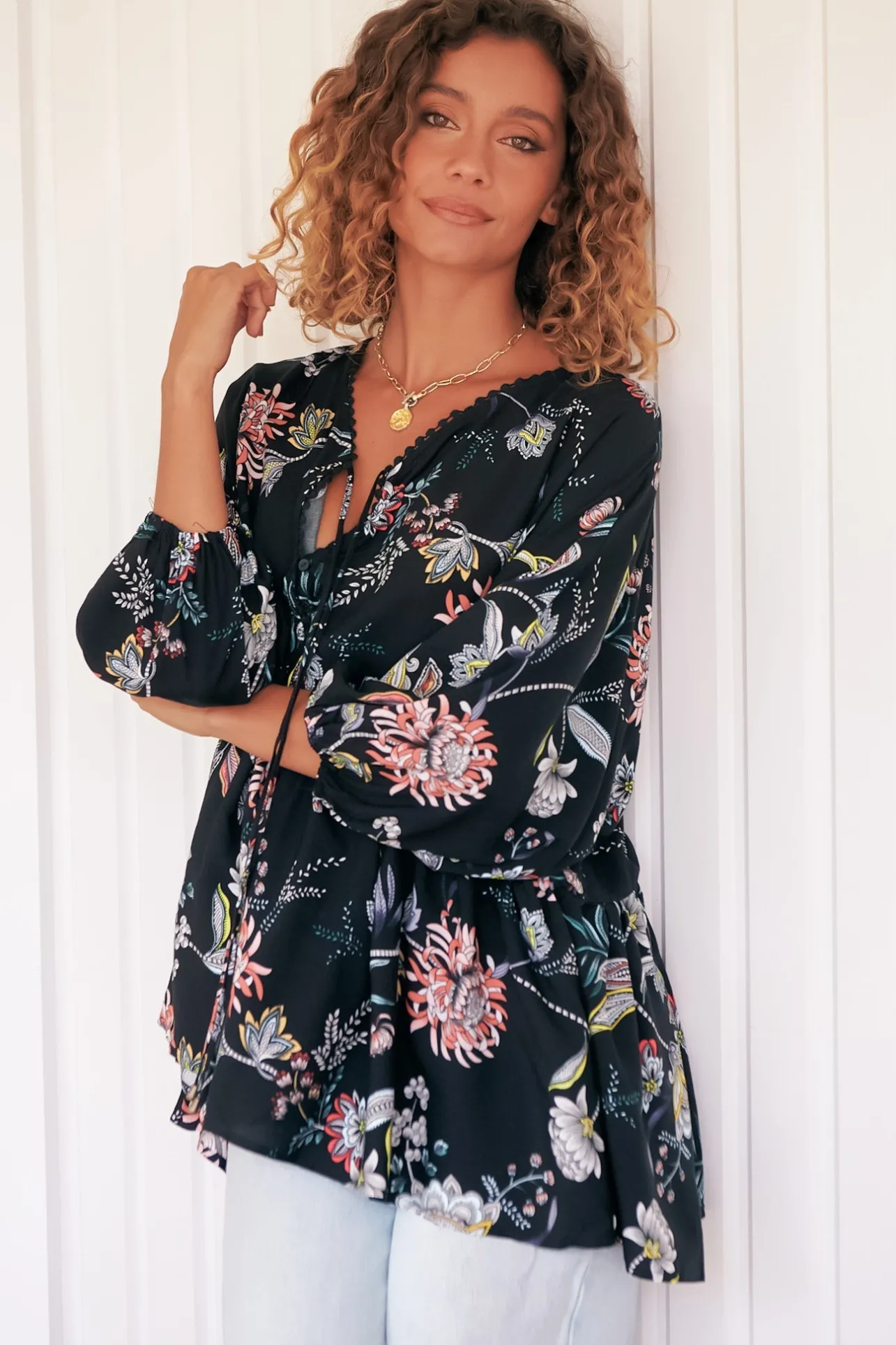 Chloe Top - Very Oversized Crochet Trim Neckline Smock Top in Under the Stars Print>Jaase Clearance