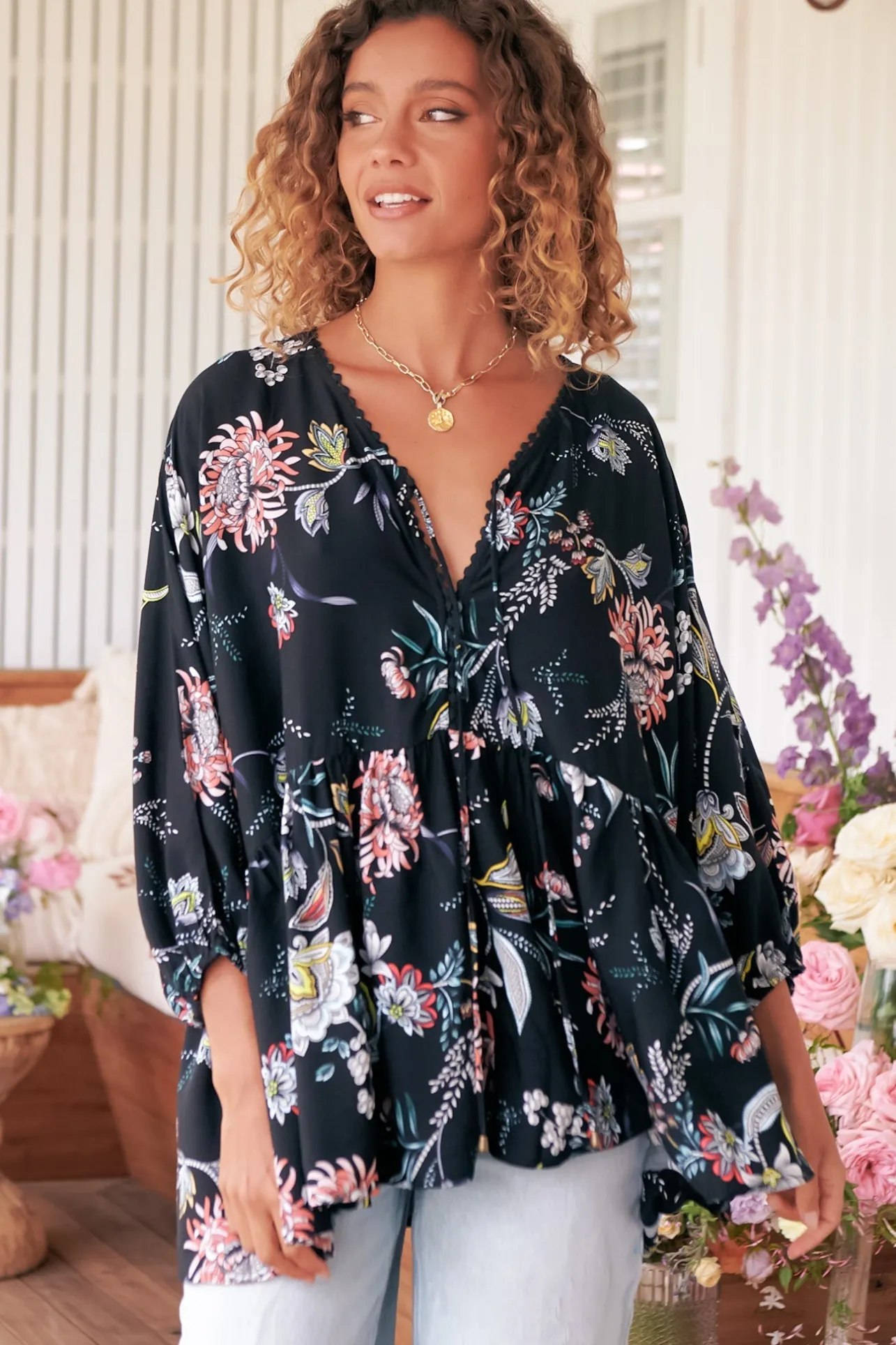 Chloe Top - Very Oversized Crochet Trim Neckline Smock Top in Under the Stars Print>Jaase Clearance