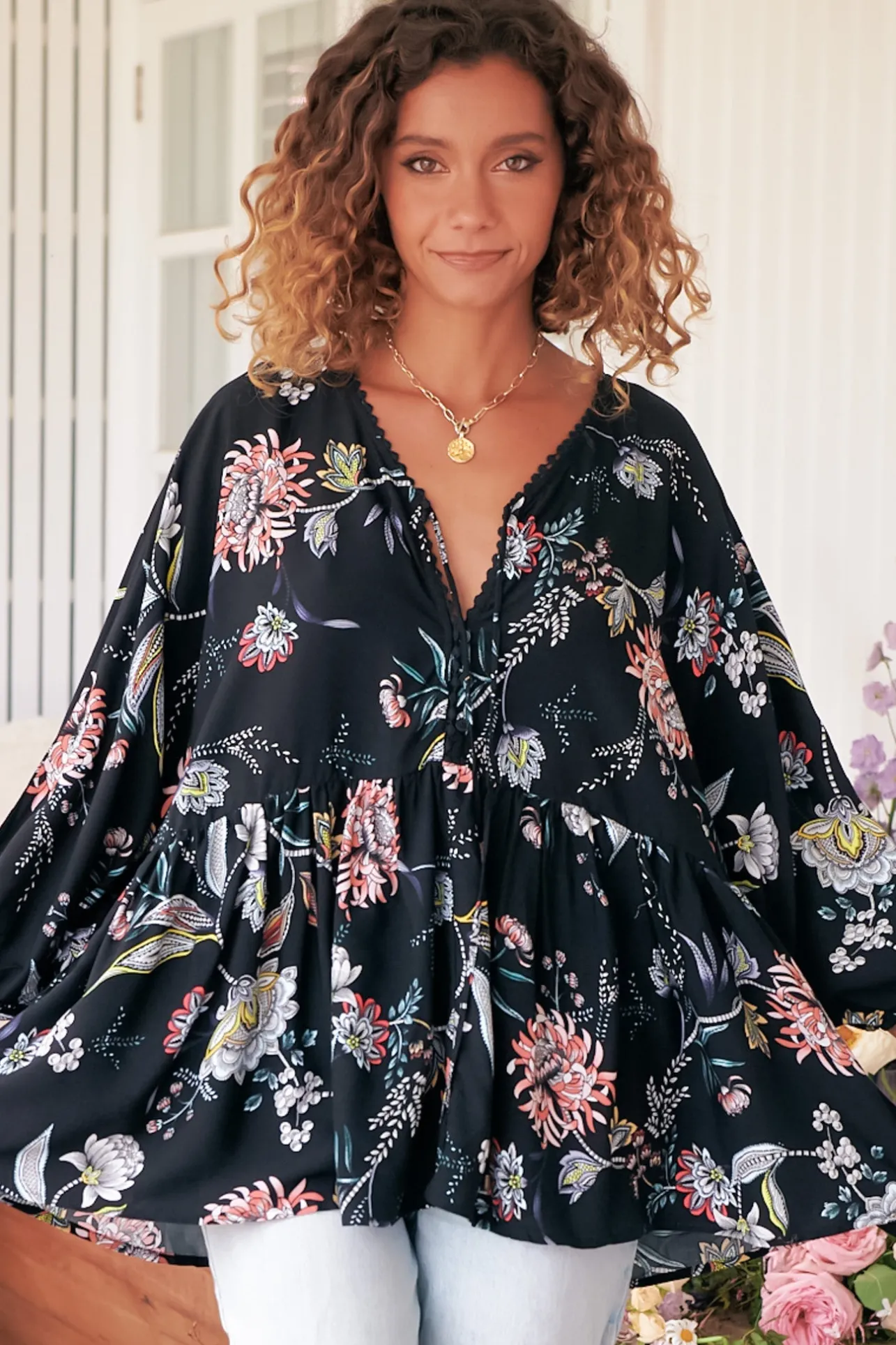 Chloe Top - Very Oversized Crochet Trim Neckline Smock Top in Under the Stars Print>Jaase Clearance