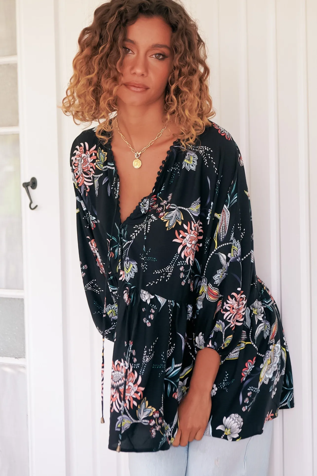 Chloe Top - Very Oversized Crochet Trim Neckline Smock Top in Under the Stars Print>Jaase Clearance