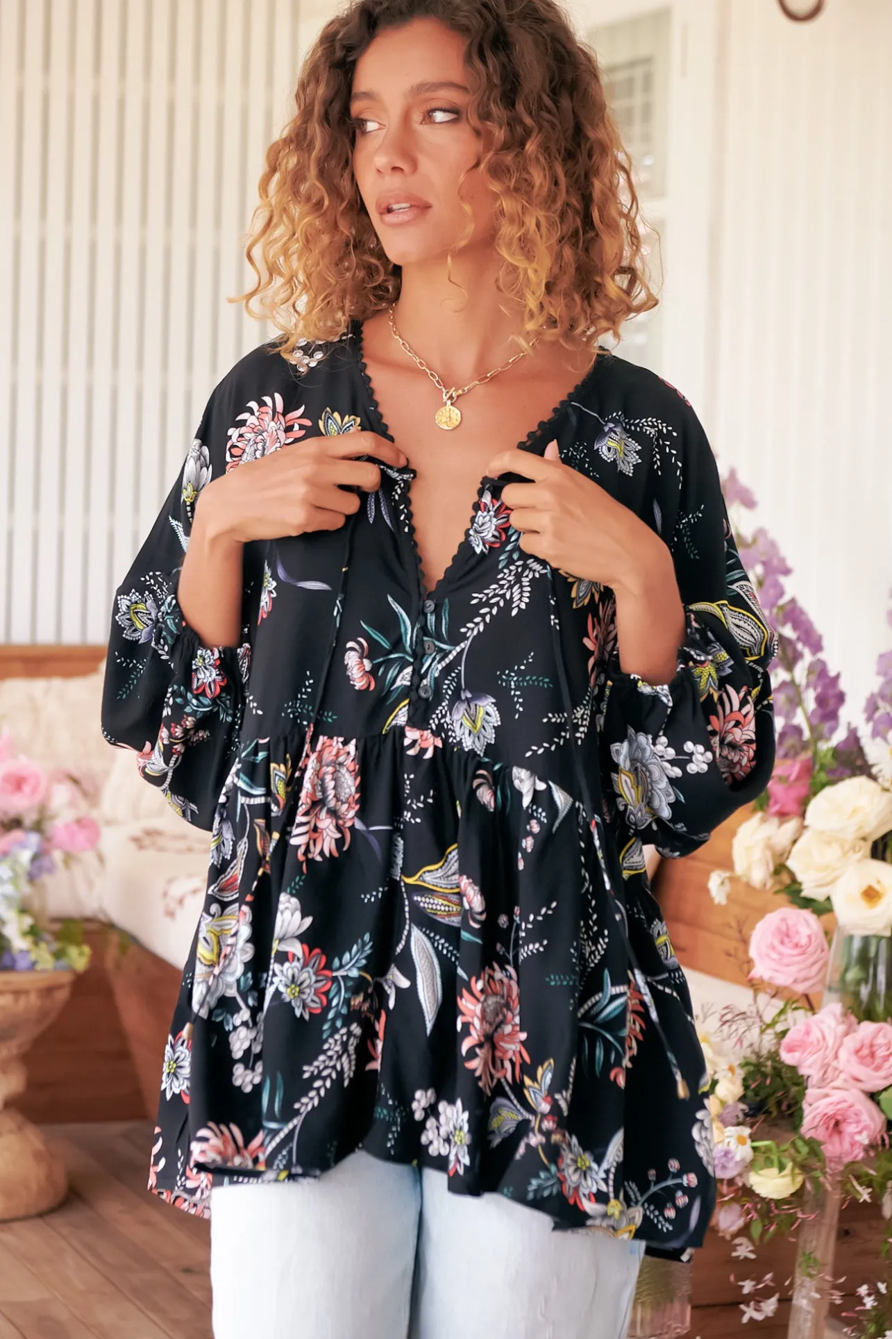 Chloe Top - Very Oversized Crochet Trim Neckline Smock Top in Under the Stars Print>Jaase Clearance
