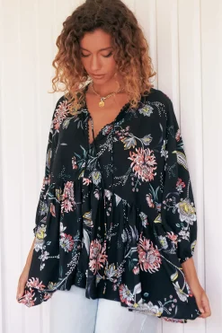 Chloe Top - Very Oversized Crochet Trim Neckline Smock Top in Under the Stars Print><noscript><img width=