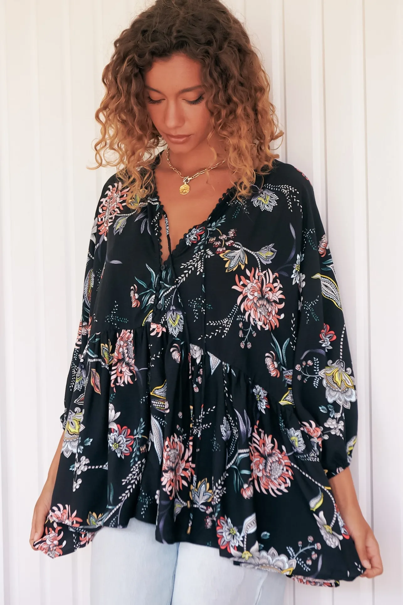 Chloe Top - Very Oversized Crochet Trim Neckline Smock Top in Under the Stars Print>Jaase Clearance
