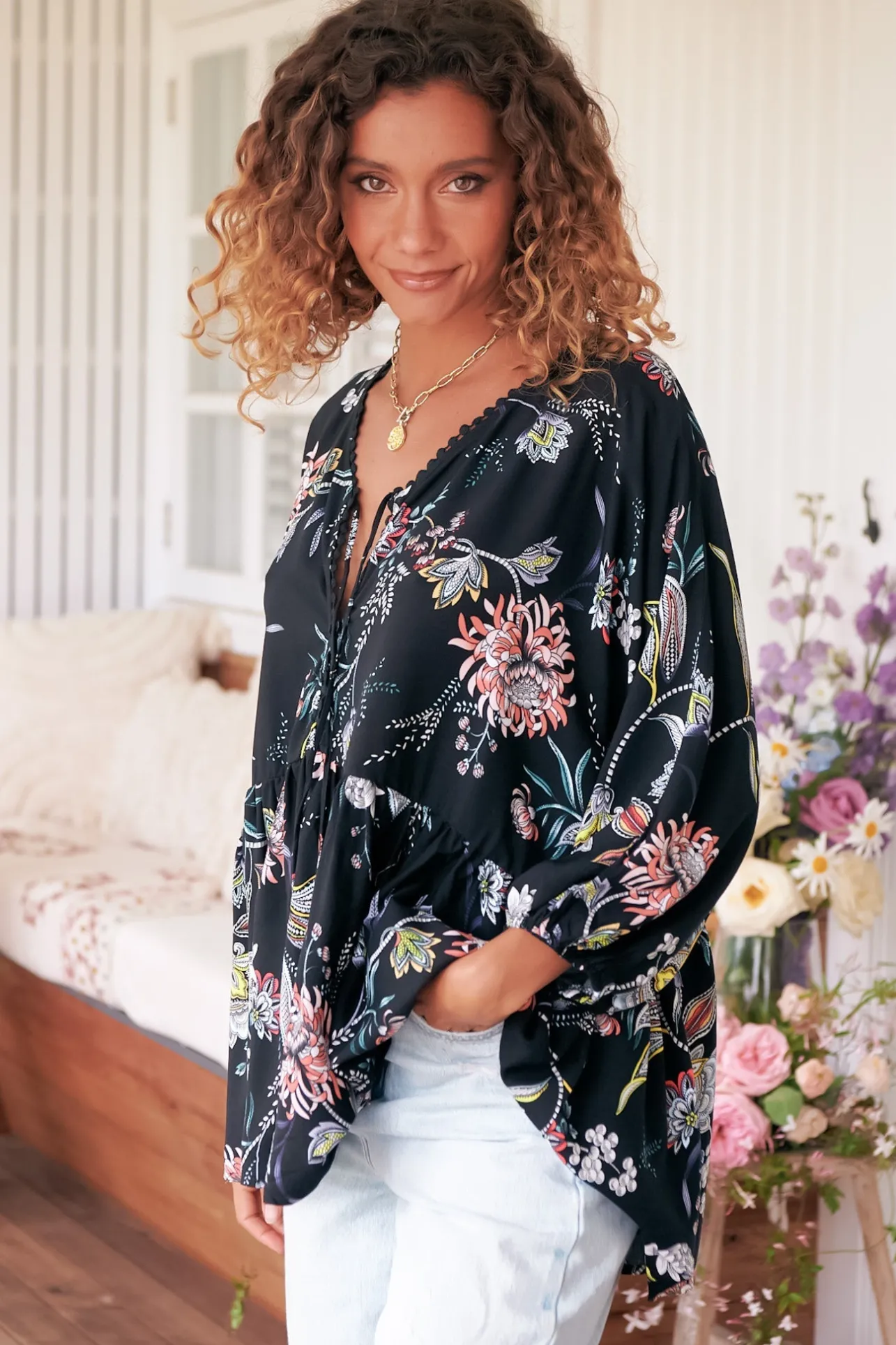 Chloe Top - Very Oversized Crochet Trim Neckline Smock Top in Under the Stars Print>Jaase Clearance