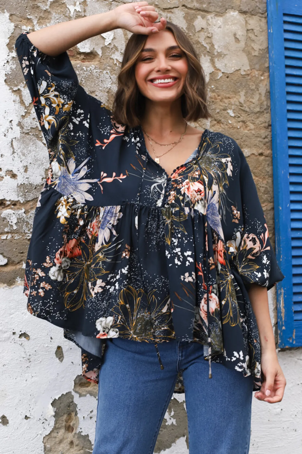 Chloe Top - Very Oversized Crochet Trim Neckline Smock Top in Indigo Print>Jaase Online