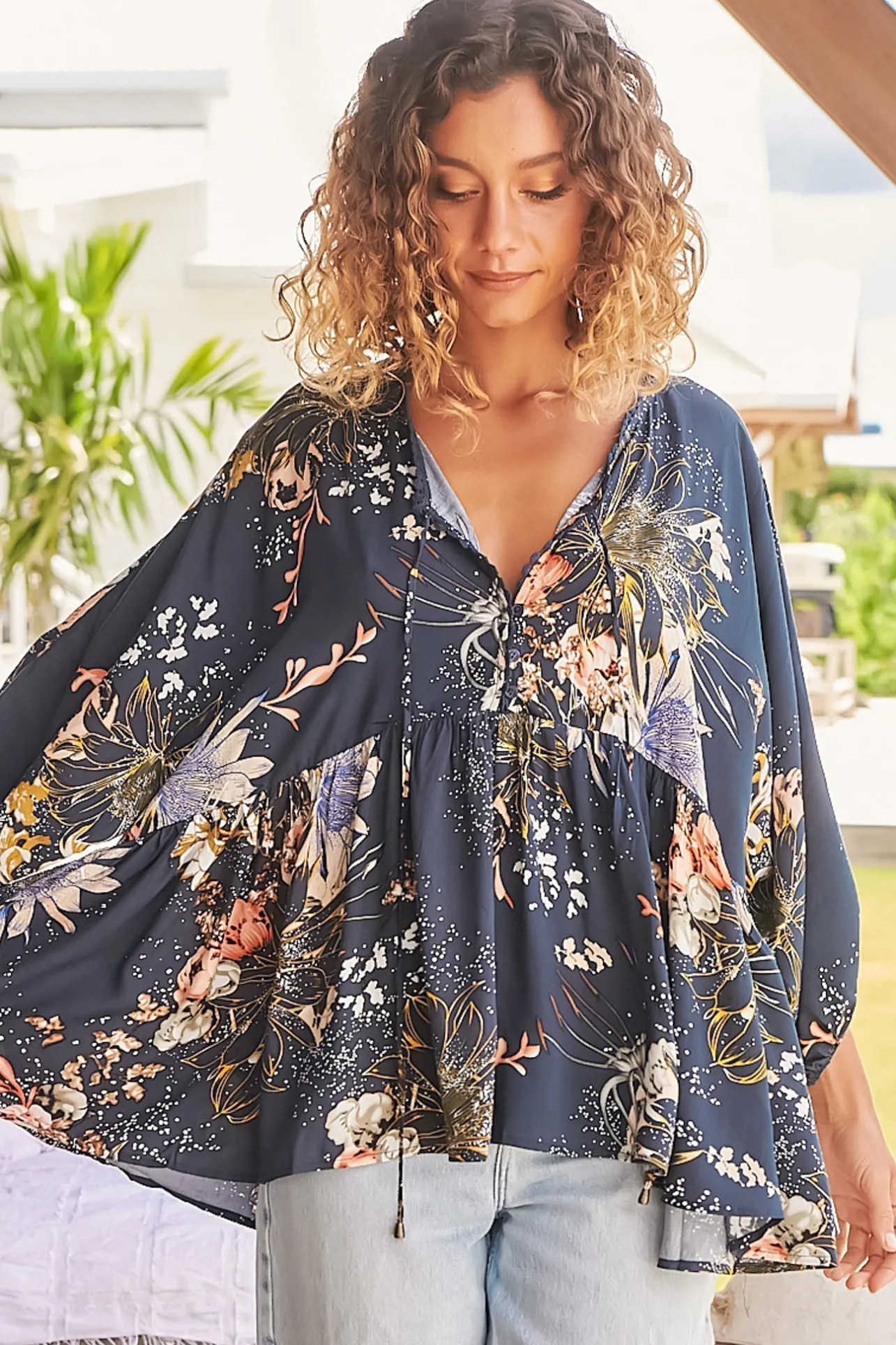 Chloe Top - Very Oversized Crochet Trim Neckline Smock Top in Indigo Print>Jaase Online
