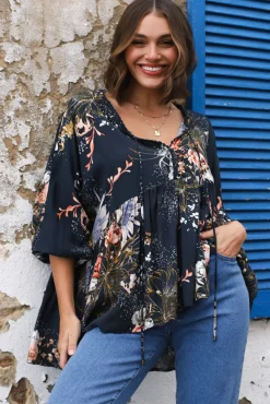 Chloe Top - Very Oversized Crochet Trim Neckline Smock Top in Indigo Print><noscript><img width=