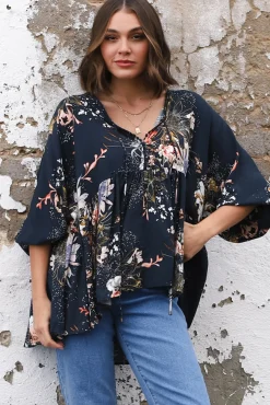Chloe Top - Very Oversized Crochet Trim Neckline Smock Top in Indigo Print><noscript><img width=