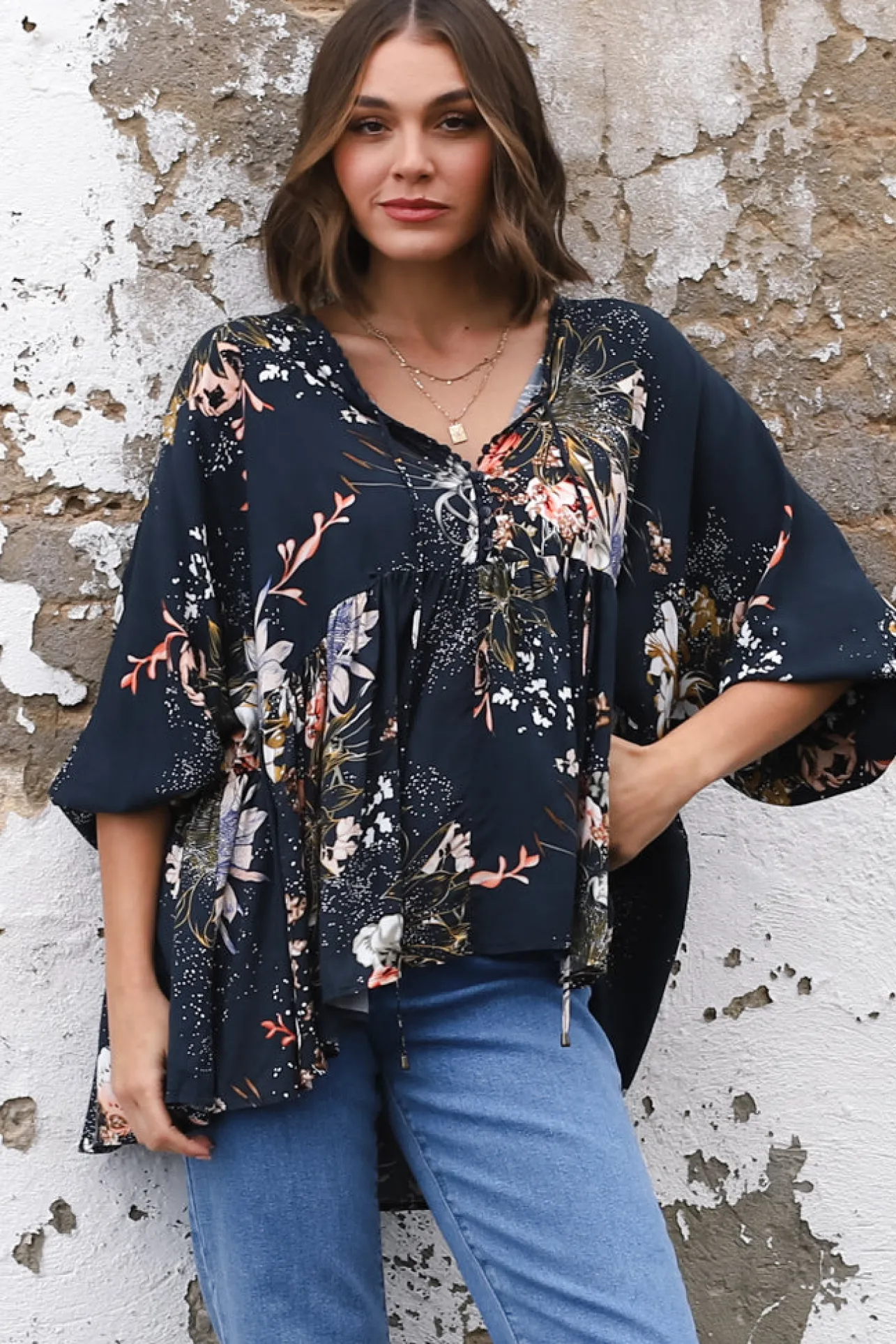Chloe Top - Very Oversized Crochet Trim Neckline Smock Top in Indigo Print>Jaase Online