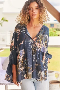 Chloe Top - Very Oversized Crochet Trim Neckline Smock Top in Indigo Print><noscript><img width=