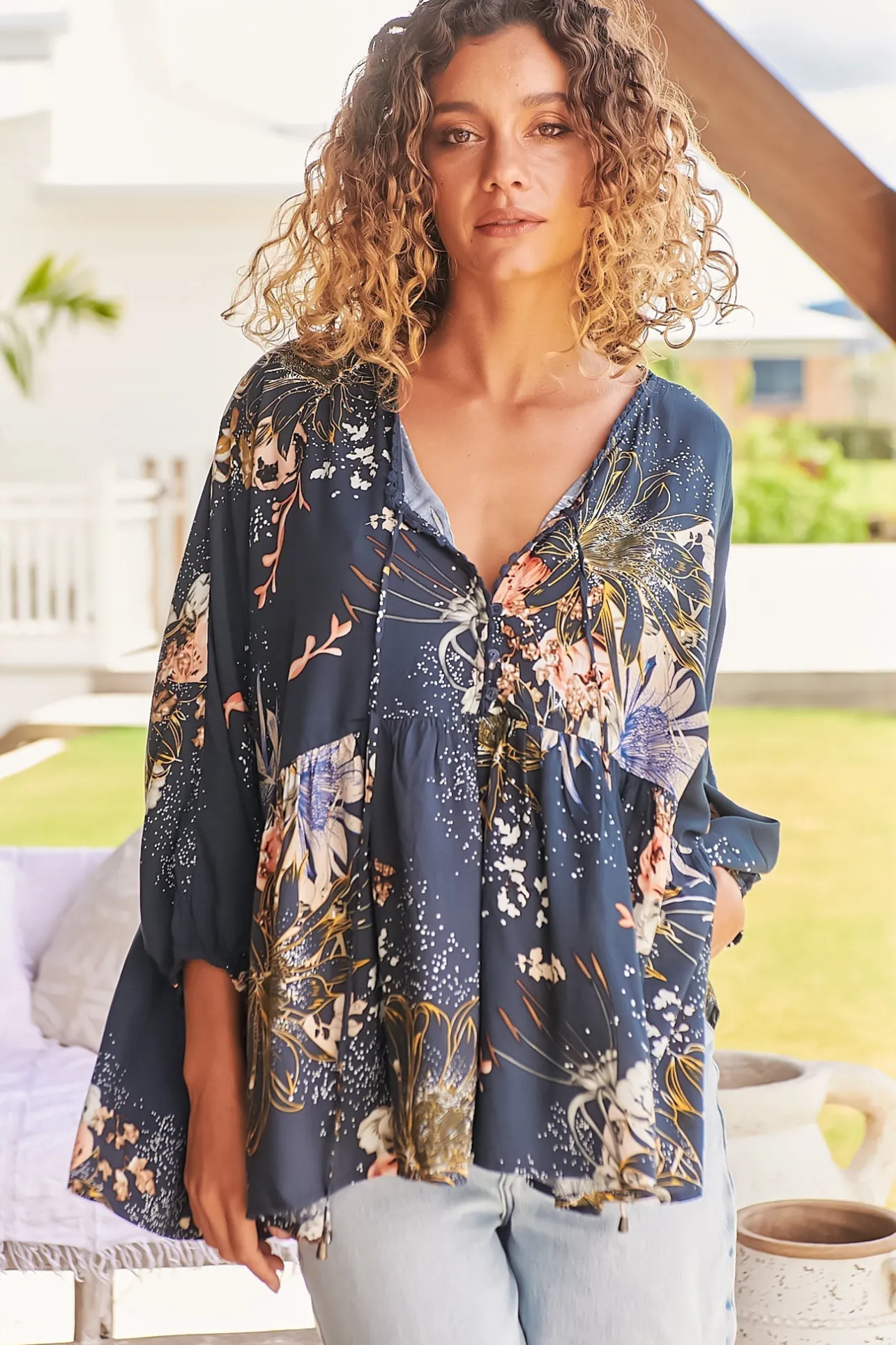 Chloe Top - Very Oversized Crochet Trim Neckline Smock Top in Indigo Print>Jaase Online