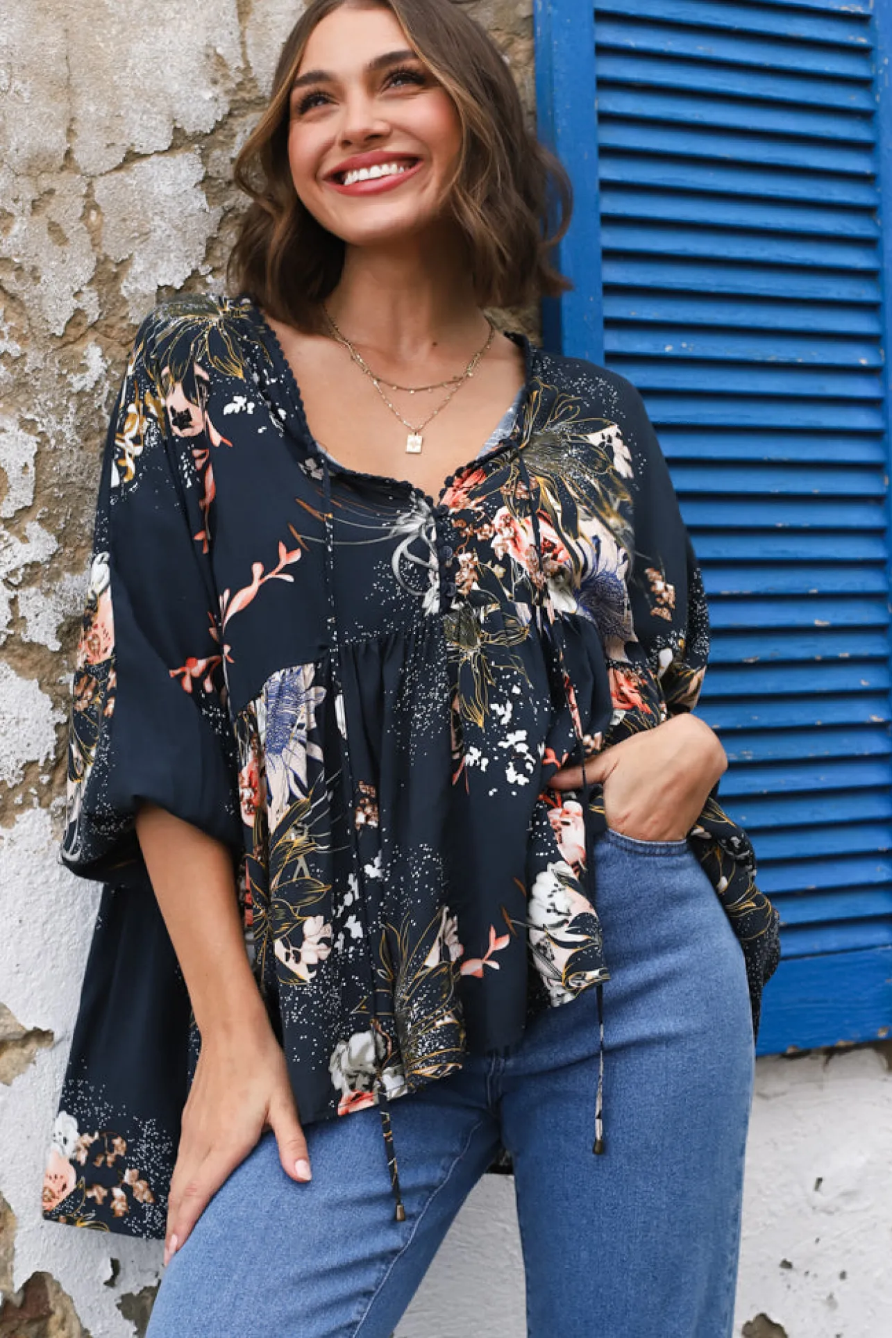 Chloe Top - Very Oversized Crochet Trim Neckline Smock Top in Indigo Print>Jaase Online