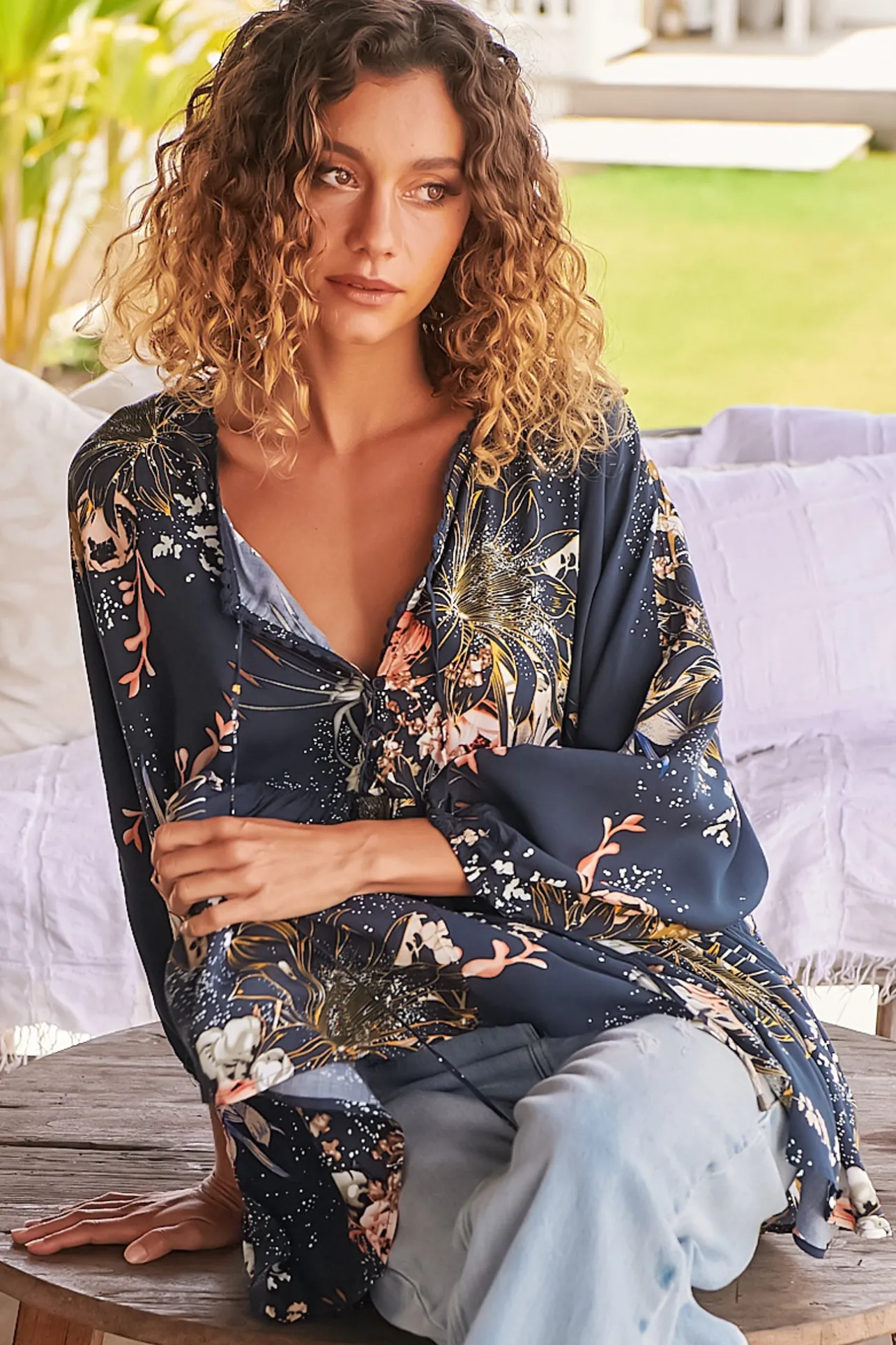 Chloe Top - Very Oversized Crochet Trim Neckline Smock Top in Indigo Print>Jaase Online