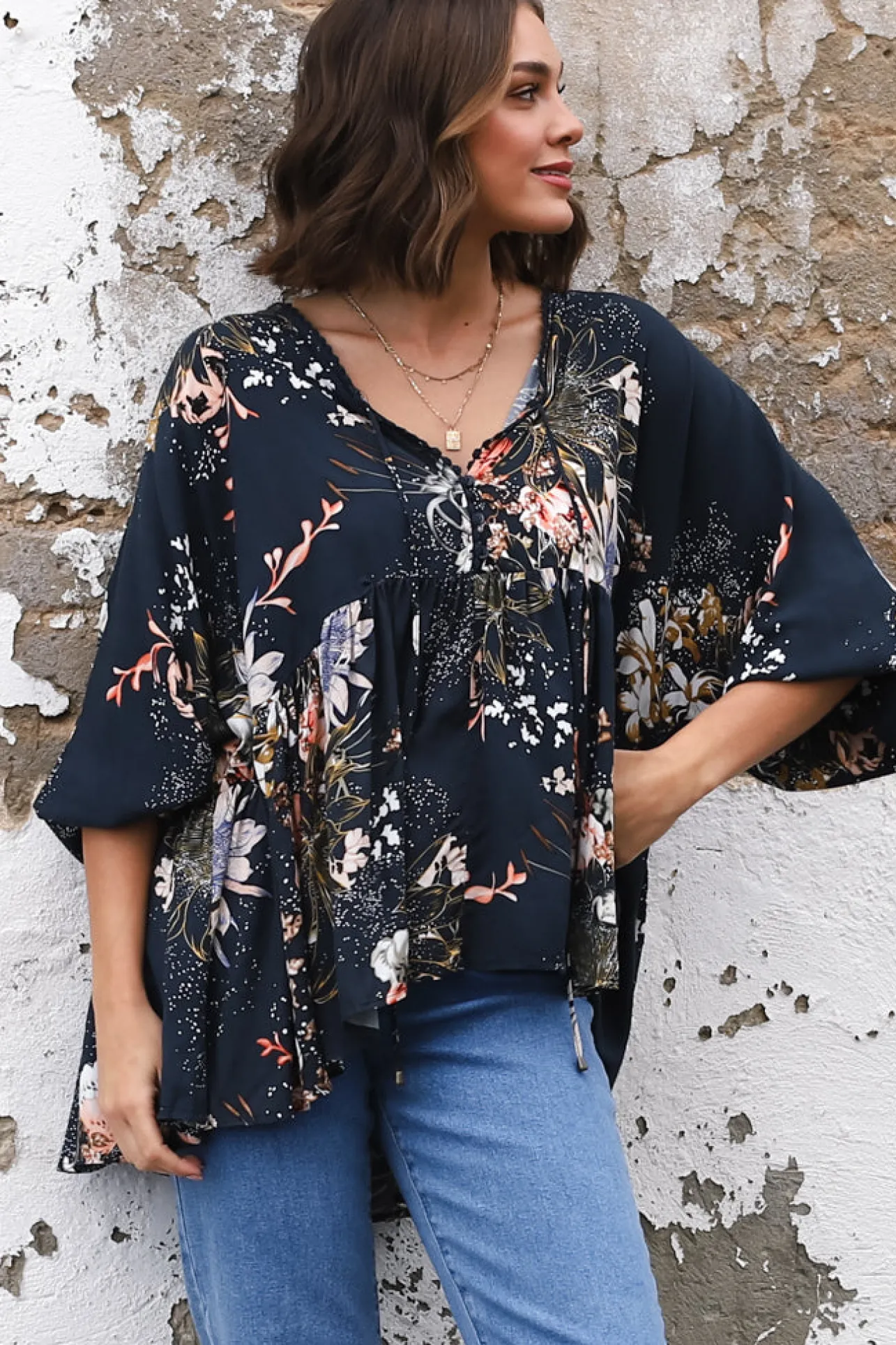 Chloe Top - Very Oversized Crochet Trim Neckline Smock Top in Indigo Print>Jaase Online