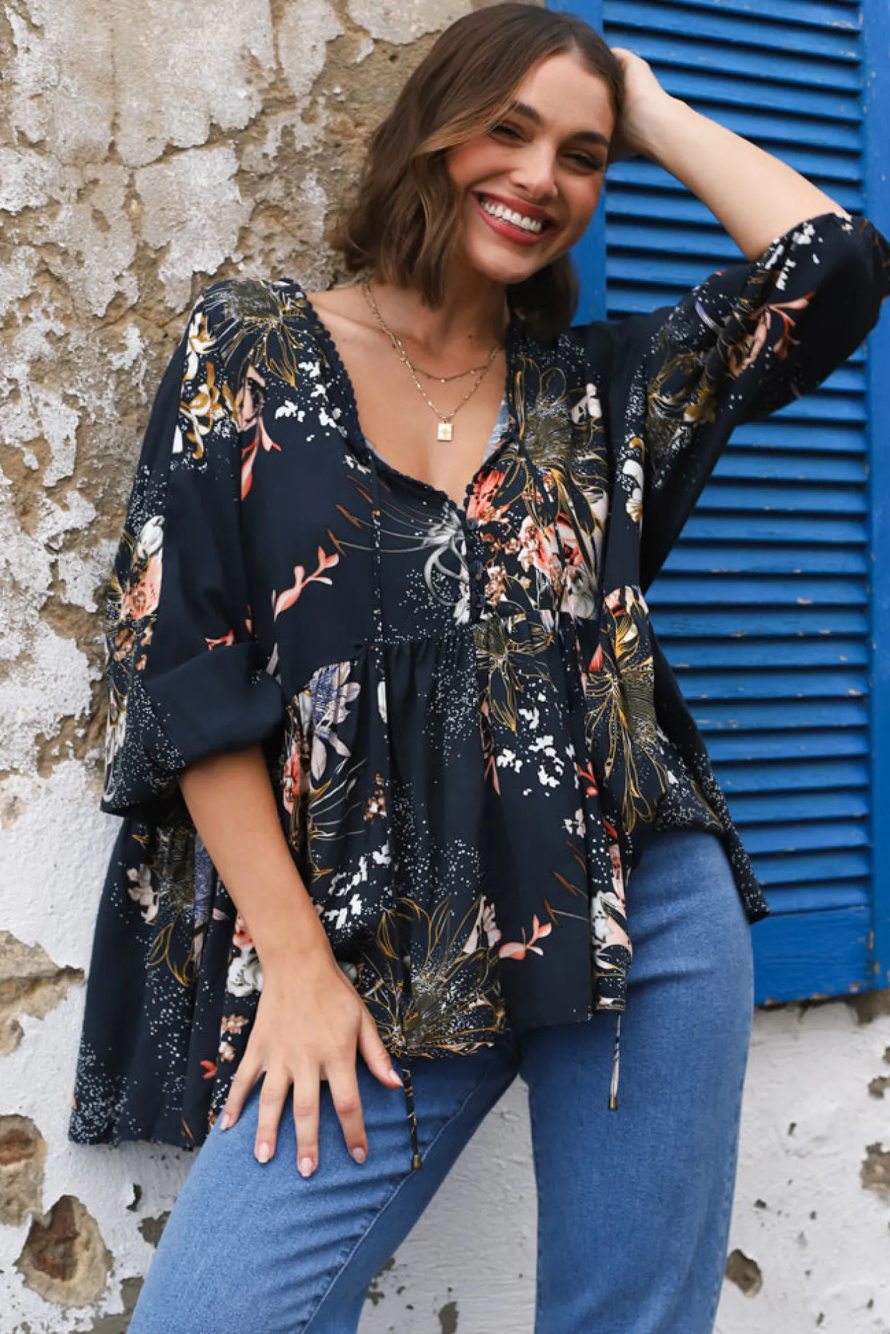Chloe Top - Very Oversized Crochet Trim Neckline Smock Top in Indigo Print>Jaase Online
