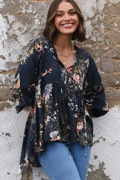 Chloe Top - Very Oversized Crochet Trim Neckline Smock Top in Indigo Print><noscript><img width=