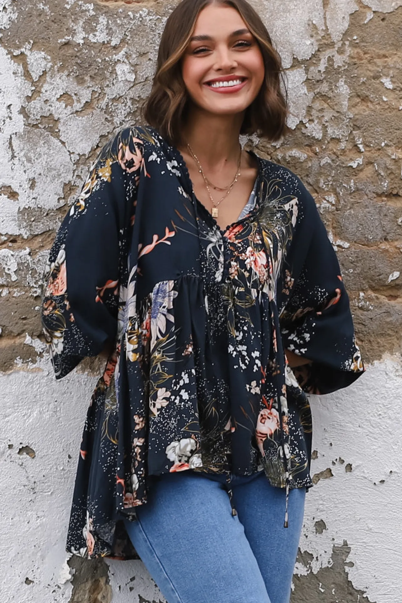 Chloe Top - Very Oversized Crochet Trim Neckline Smock Top in Indigo Print>Jaase Online