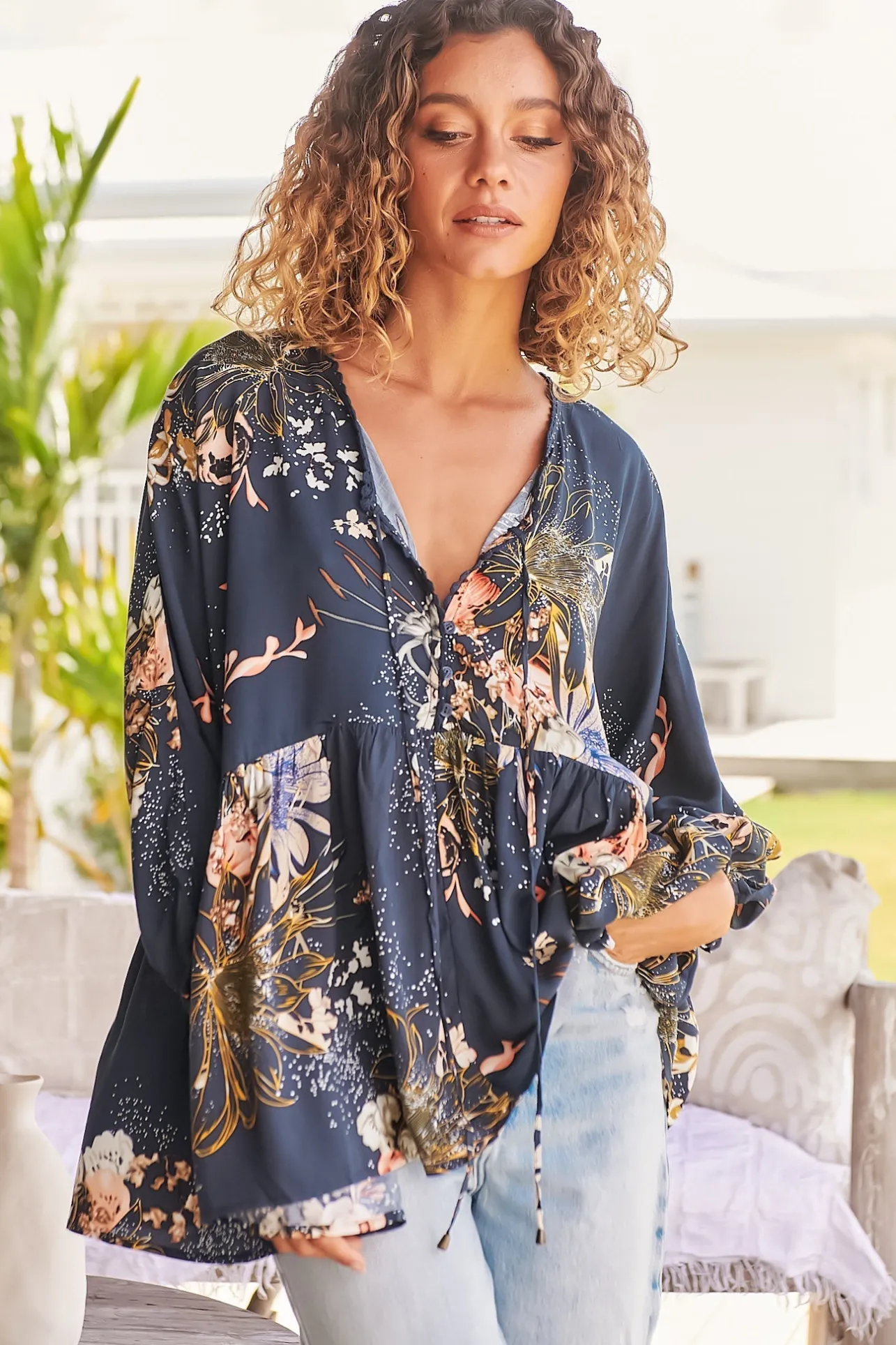 Chloe Top - Very Oversized Crochet Trim Neckline Smock Top in Indigo Print>Jaase Online