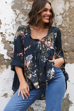 Chloe Top - Very Oversized Crochet Trim Neckline Smock Top in Indigo Print><noscript><img width=