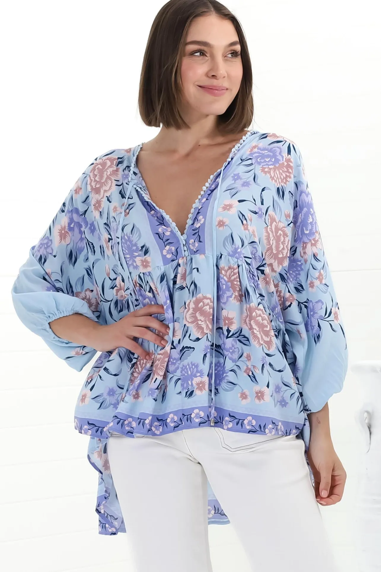 Chloe Top - Very Oversized Crochet Trim Neckline Smock Top in Heaven Print>Jaase Discount