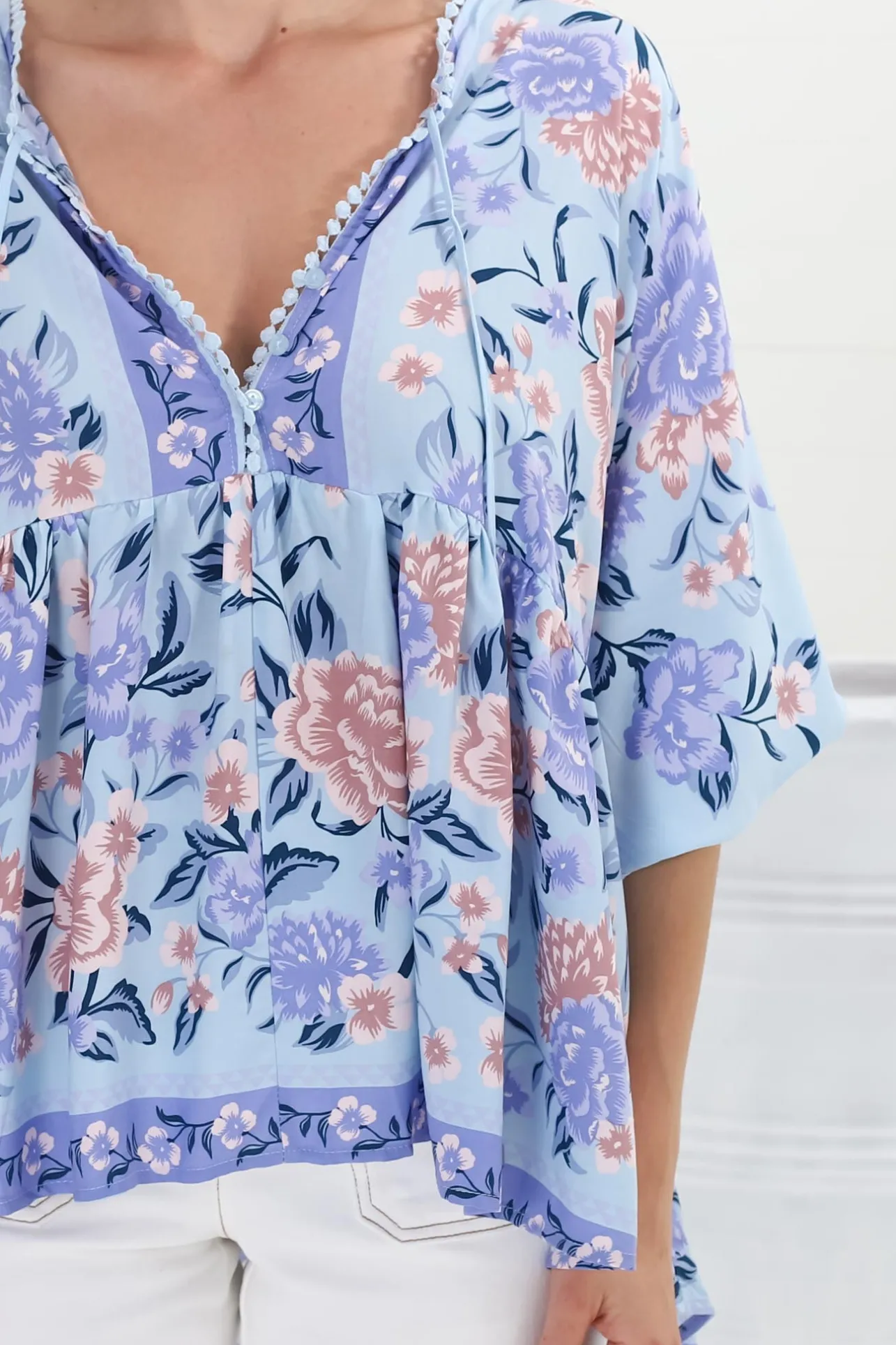 Chloe Top - Very Oversized Crochet Trim Neckline Smock Top in Heaven Print>Jaase Discount
