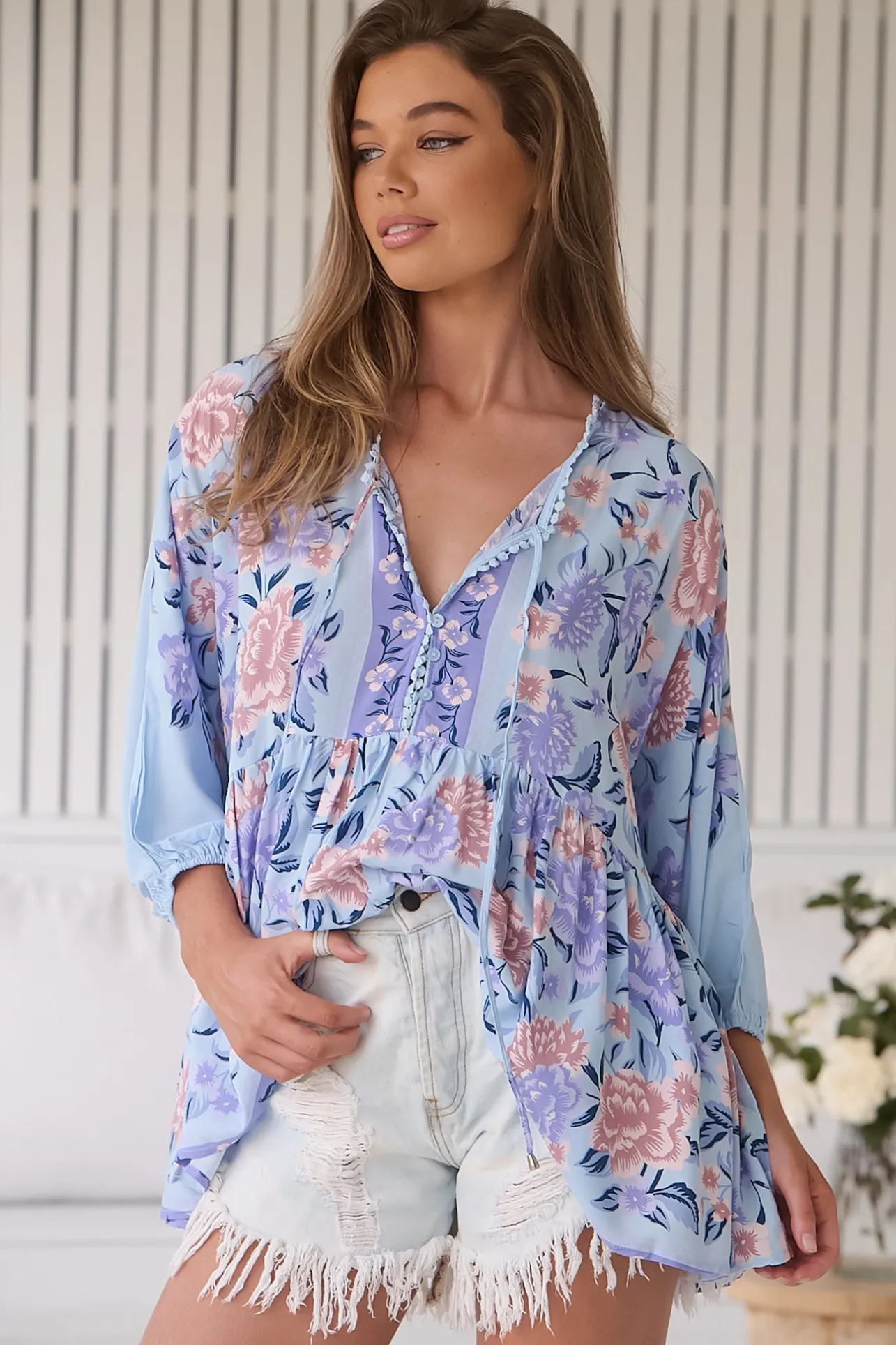 Chloe Top - Very Oversized Crochet Trim Neckline Smock Top in Heaven Print>Jaase Discount