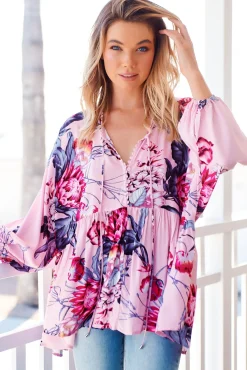 Chloe Top - Very Oversized Crochet Trim Neckline Smock Top in Dahlia Print>Jaase