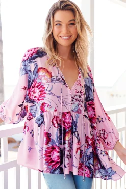 Chloe Top - Very Oversized Crochet Trim Neckline Smock Top in Dahlia Print><noscript><img width=