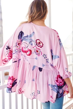 Chloe Top - Very Oversized Crochet Trim Neckline Smock Top in Dahlia Print><noscript><img width=