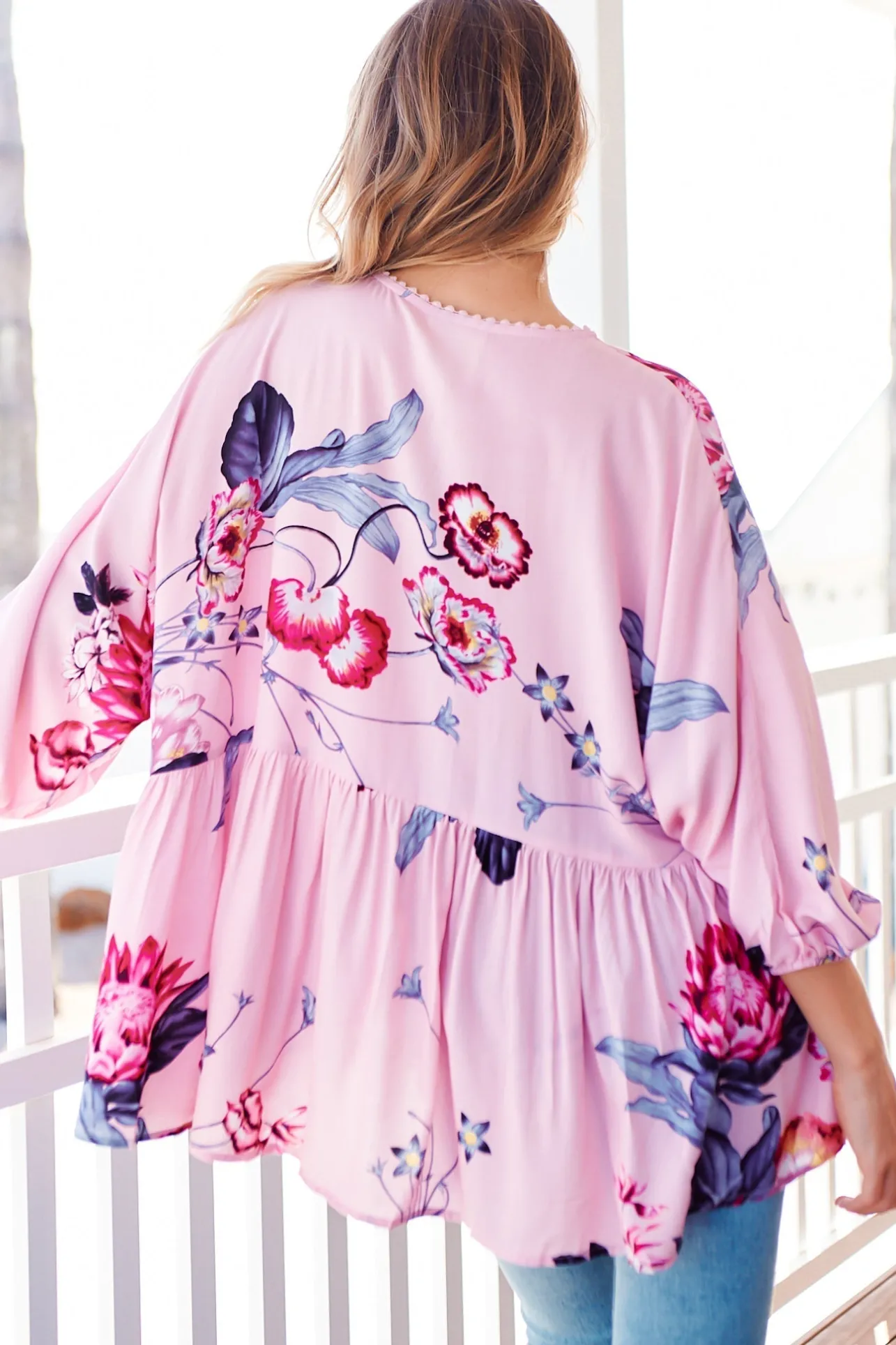 Chloe Top - Very Oversized Crochet Trim Neckline Smock Top in Dahlia Print>Jaase