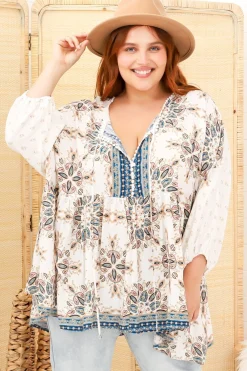 Chloe Top - Very Oversized Crochet Trim Neckline Smock Top in Gemstone Print>Jaase New