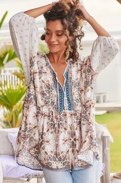 Chloe Top - Very Oversized Crochet Trim Neckline Smock Top in Gemstone Print><noscript><img width=