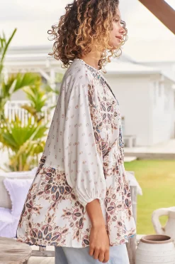 Chloe Top - Very Oversized Crochet Trim Neckline Smock Top in Gemstone Print><noscript><img width=