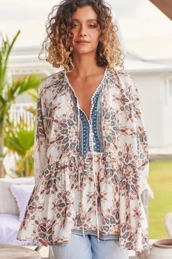 Chloe Top - Very Oversized Crochet Trim Neckline Smock Top in Gemstone Print><noscript><img width=