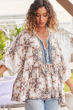 Chloe Top - Very Oversized Crochet Trim Neckline Smock Top in Gemstone Print><noscript><img width=