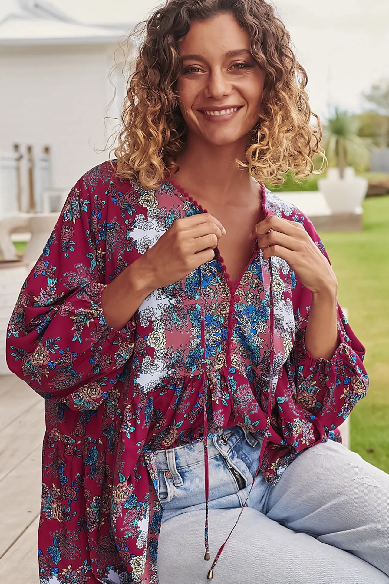 Chloe Top - Very Oversized Crochet Trim Neckline Smock Top in Strawberry Kiss Print>Jaase Discount
