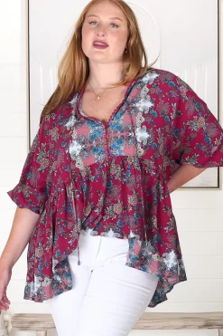 Chloe Top - Very Oversized Crochet Trim Neckline Smock Top in Strawberry Kiss Print>Jaase Discount