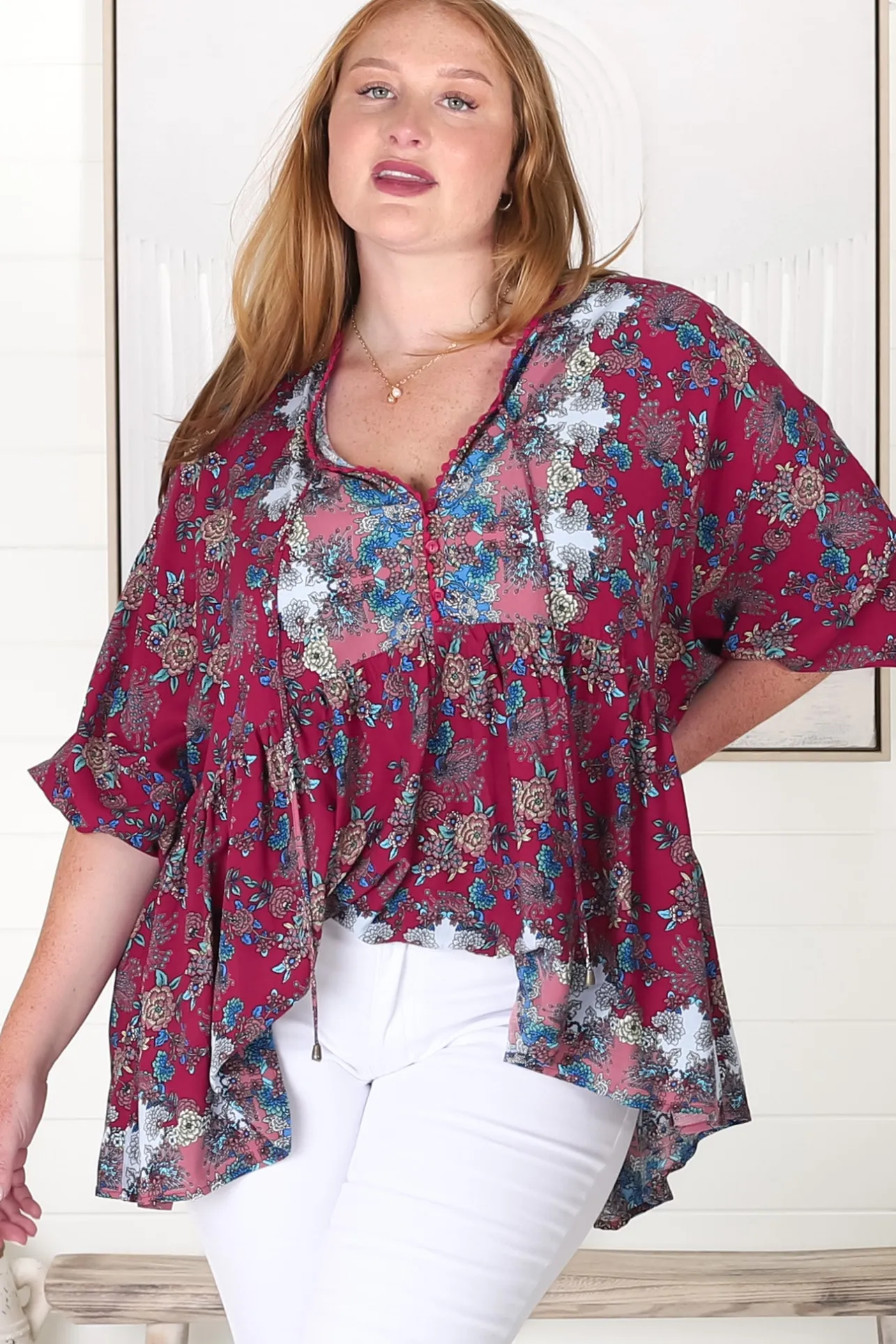 Chloe Top - Very Oversized Crochet Trim Neckline Smock Top in Strawberry Kiss Print>Jaase Discount